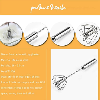 Stainless Steel Egg Whisk, Hand Push Rotary Blender, Versatile Milk Frother for Blending and Whisking