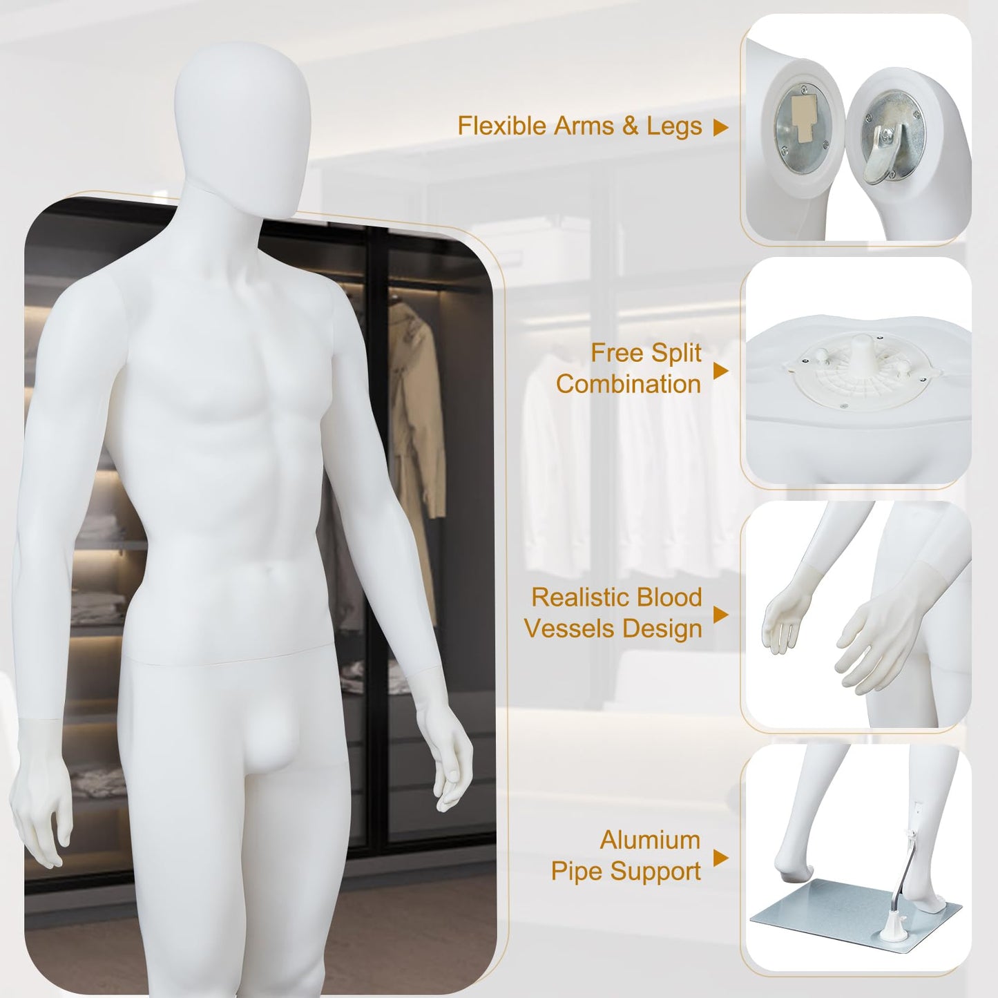 Kinfant Male and Female Mannequin Set - 6Ft Full Body Male and Female Detachable Mannequin with Stand for Clothing Shops, Clothing Design(White)