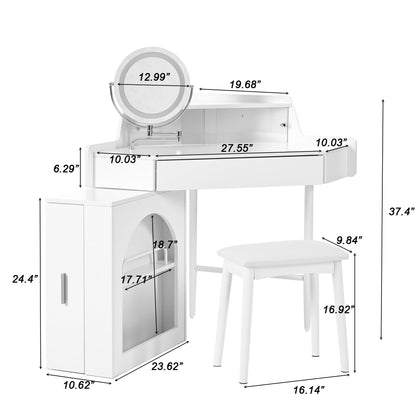Merax Corner Vanity Desk with Mirror and Lights and Stool, White Makeup Vanity with Folding Mirror & Adjustable Light, Girl Glass Top Dressing Table with Side Storage Cabinet & Drawers for Bedroom