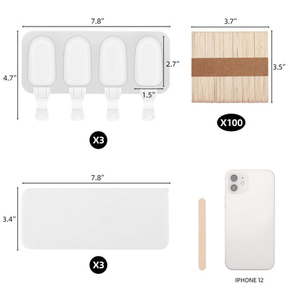 3 Set Small Popsicles Molds with Lids and 100 Pieces Wooden Popsicles Sticks, 4 Cavities Silicone Ice Cream Molds for Making Cakesicles, Cake Pops, Ice Cream - BPA Free