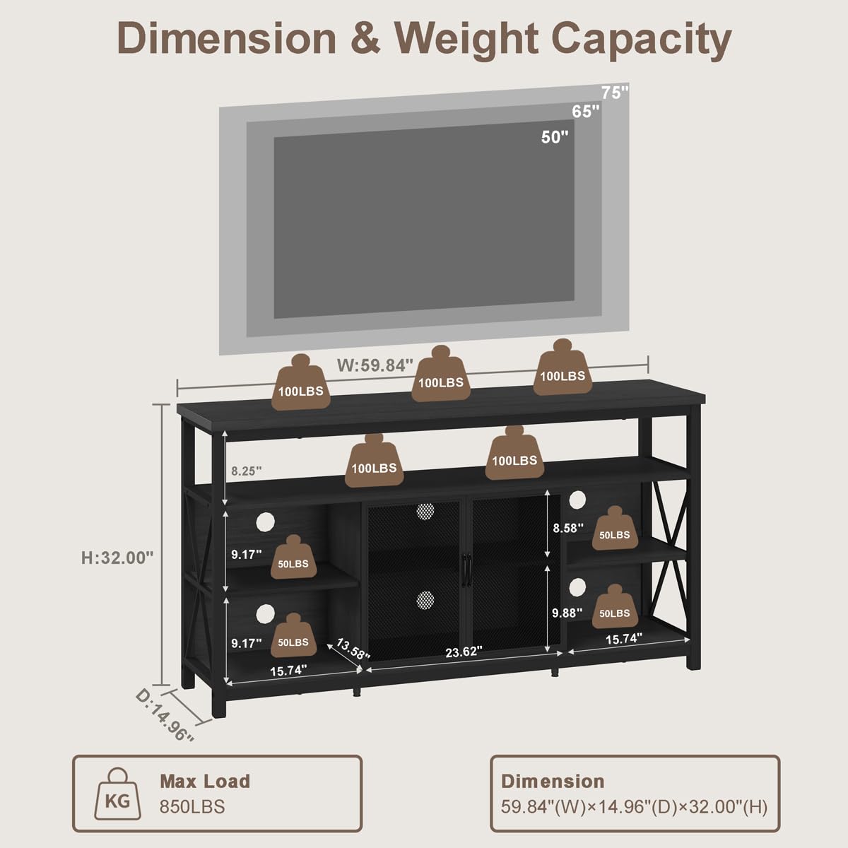 BON AUGURE Tall TV Stand for TVs up to 65 Inch, Industrial Wood Entertainment Center with Storage Cabinet, Modern TV Media Console for Living Room and Bedroom (32 Inch High, Black Oak)