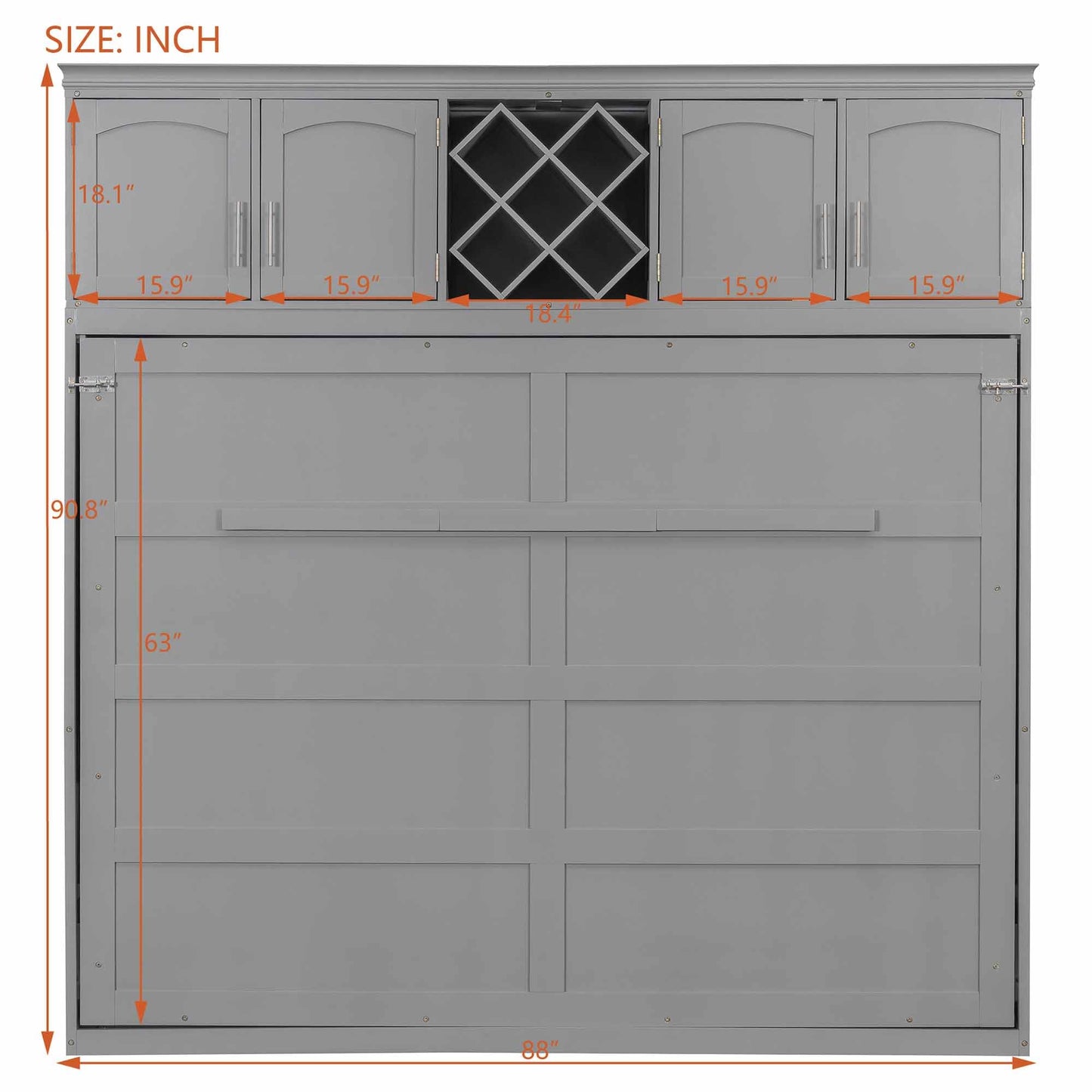 Murphy Bed Queen Size,Murphy Bed with Top Cabinets & Wine Rack,Space-Saving Hideaway Wall Foldable Bed w/Dual Piston Metal Folding Mechanism,Bedroom Folding Bedframe for Guest Room,Gray