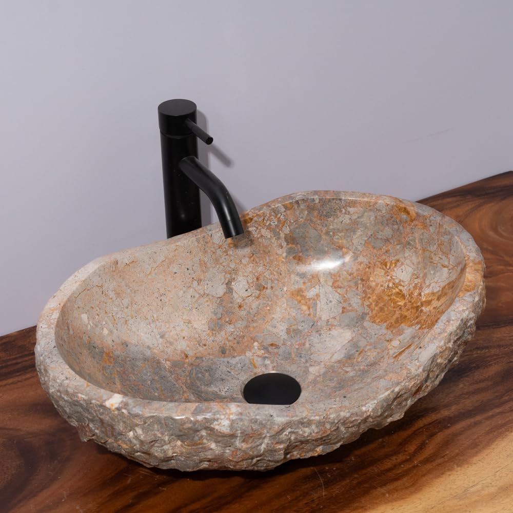 Golden Gray Marble Vessel Sink, Hand-Carved Canoe-Shaped Bathroom Sink in Solid Natural Marble, Beige with Gold & Gray Earth Tone Veins – Modern Rustic Countertop Sink