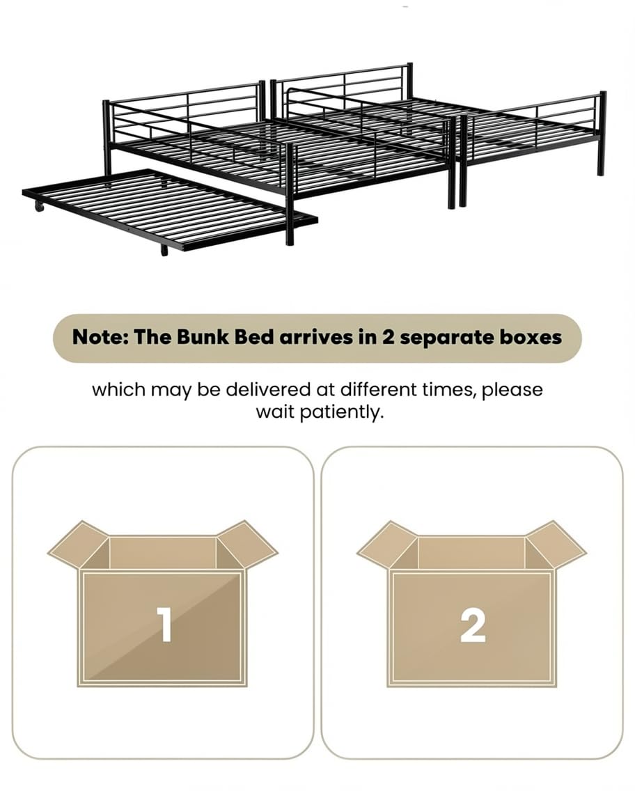 Miscoos Full XL Over Queen Bunk Bed with Trundle, Heavy-Duty Queen Bunk Bed with with Safety Ladder and Full-Length Guardrail, Convertible to 3 Beds for Teens and Adults, Black