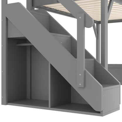 DNYN Loft Bed Frame with Built-in Wardrobe and Bedside Shelf for Teens/Adults Bedroom, Space-Saving Twin Size Bed Frame with Staircase and Guardrails, No Box Spring Needed