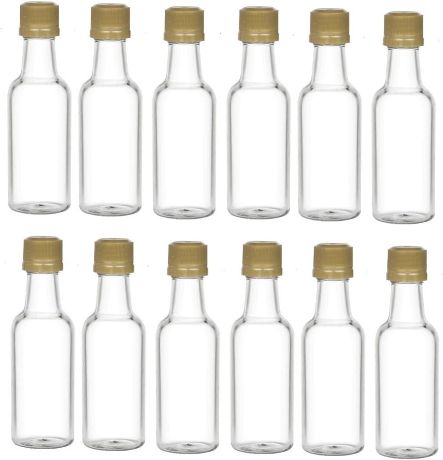 Nakpunar 12 pcs 50 ml Clear Plastic Liquor Bottles with Gold Cap - MADE IN USA