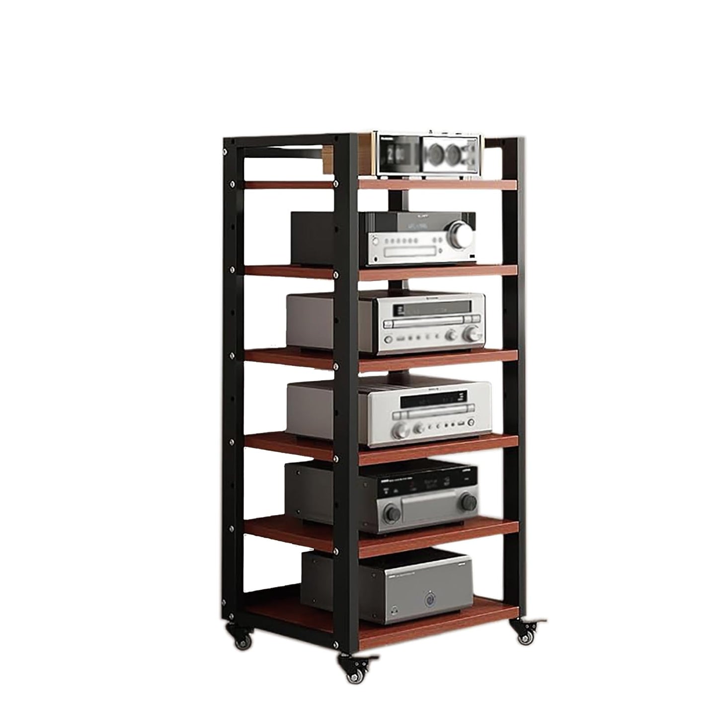Dernoing 6 Tier Audio Rack Tower, CD Record Player Stereo Receiver AV Equipment Cabinet Display Rack, Weight Capacity 661 lbs, with Adjustable Wooden Shelves for Home (6 Tier Teakwood)
