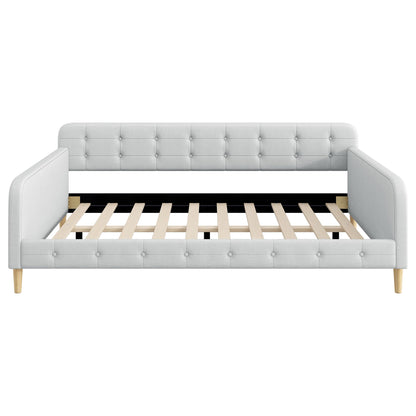 GDFStudio Queen Size Upholstered Daybed with Linen, Solid Pine Wood + MDF Frame, Foam-Filled Backrest, 4 Support Legs, No Box Spring Needed, Sturdy Queen Sofa Bed for Living Room or Guest Room, Beige