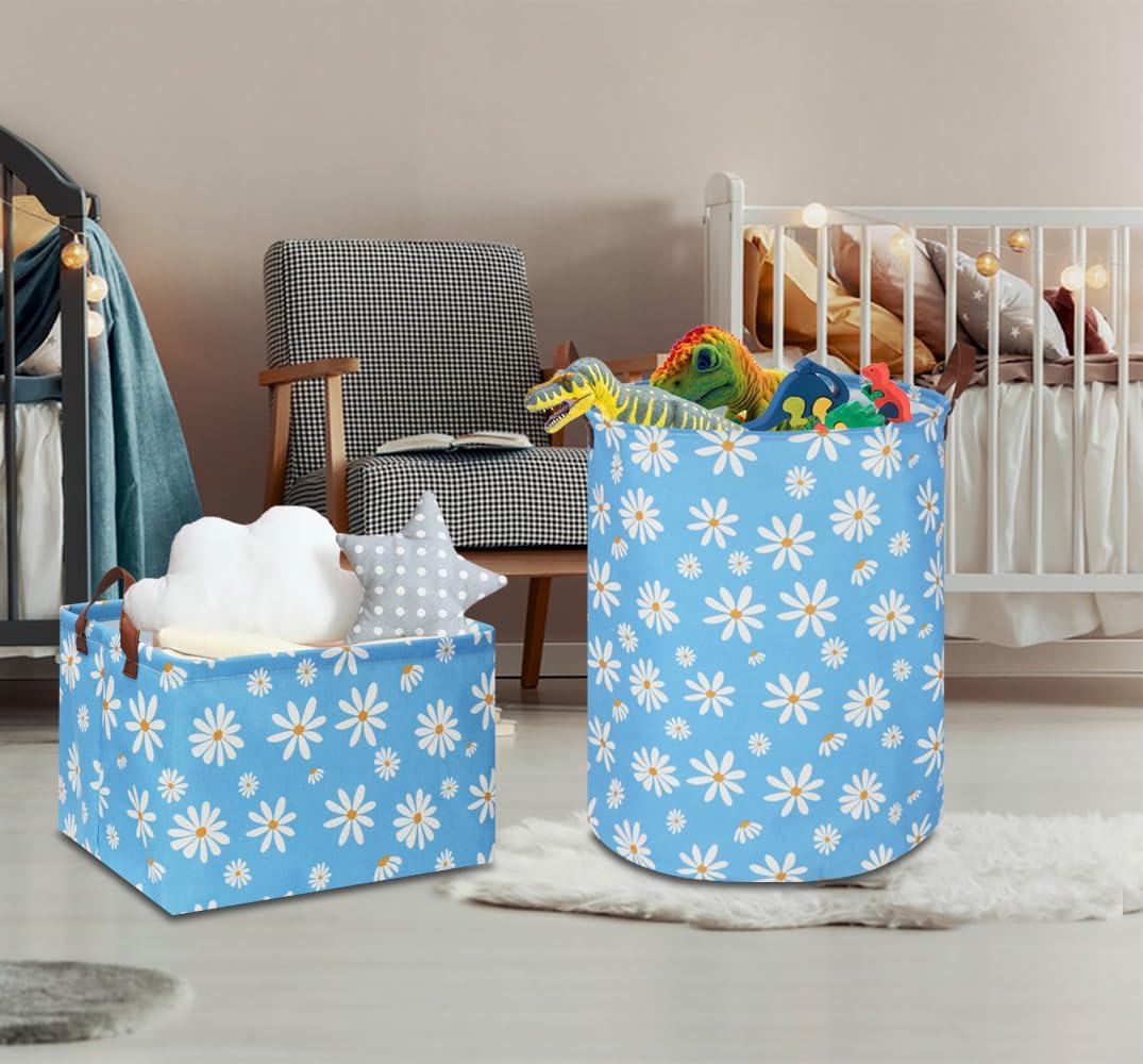 Rectangular Daisy Storage Basket, Collapsible Gift Basket with Handles for Kids Toys and Room Decor