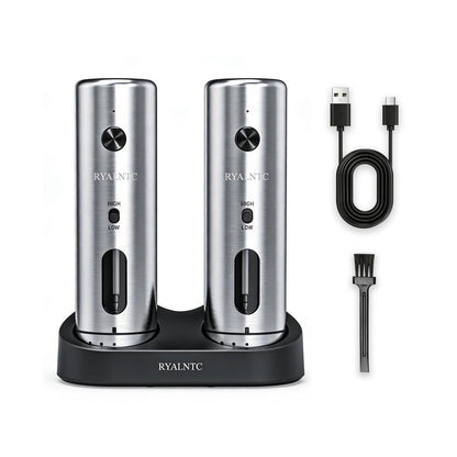 RYALNTC Electric Salt and Pepper Grinder Set with Rechargeable Base Upgraded Stainless Steel Automatic Salt and Pepper Shakers,Upgraded 2-Speed Setting,External 6 Adjustable Coarseness with LED Light