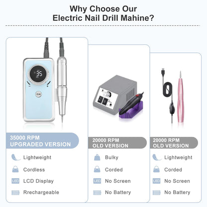 Electric Nail Drill Professional, 35000RPM Portable Efile Nail Drill with 11Pcs Nail Drill Bits, Rechargeable Nail Drill Machine with LCD Display for Acrylic Nail Remove Gel Polish for Home Salon Use