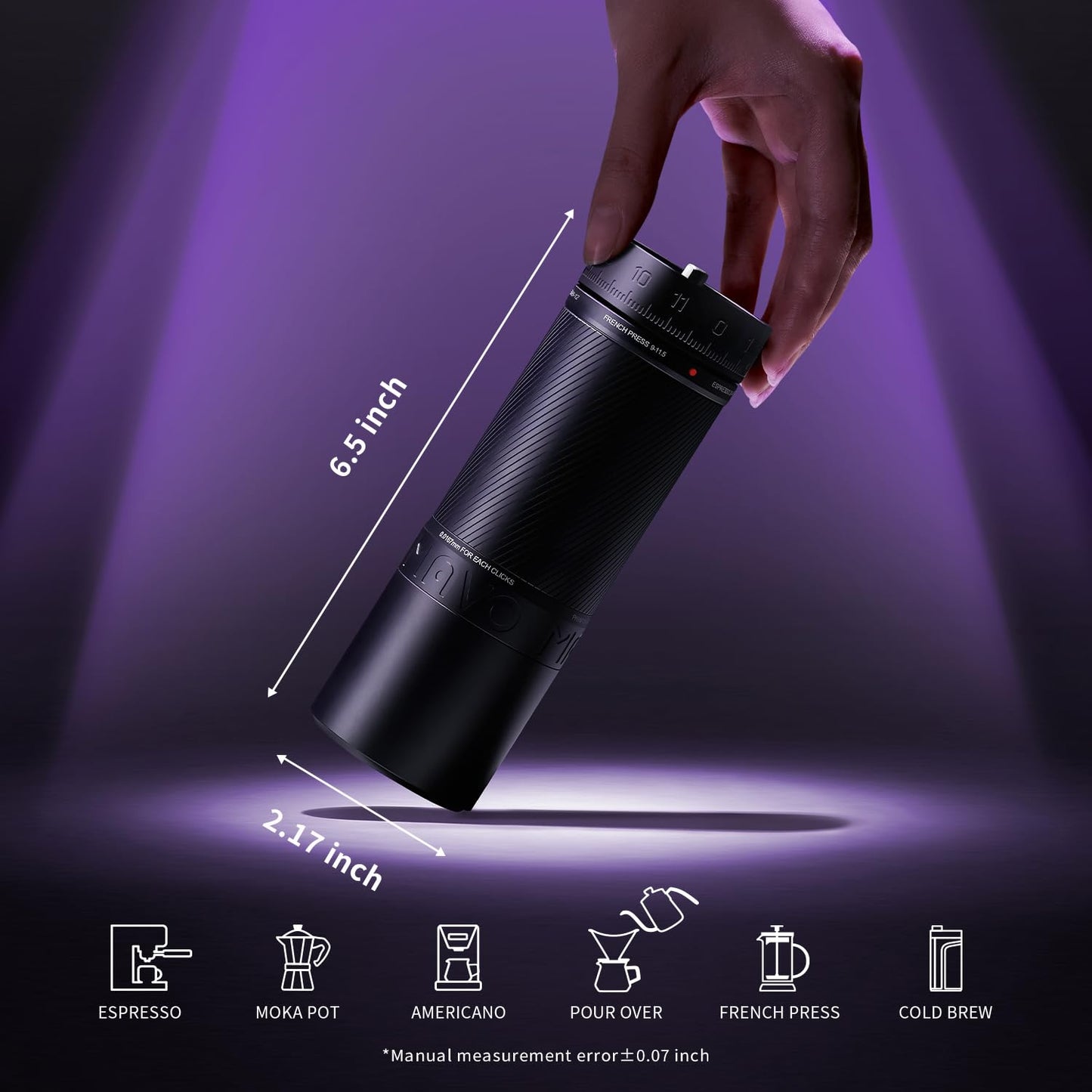 MAVO Manual Coffee Grinder, Phantox Pro Burr Coffee Grinder, Professional 45mm Stainless Steel Grinding Core, Capacity 30g, 120 Clicks Adjustment, Hand Coffee Grinder for Espresso, Pour Over, Black