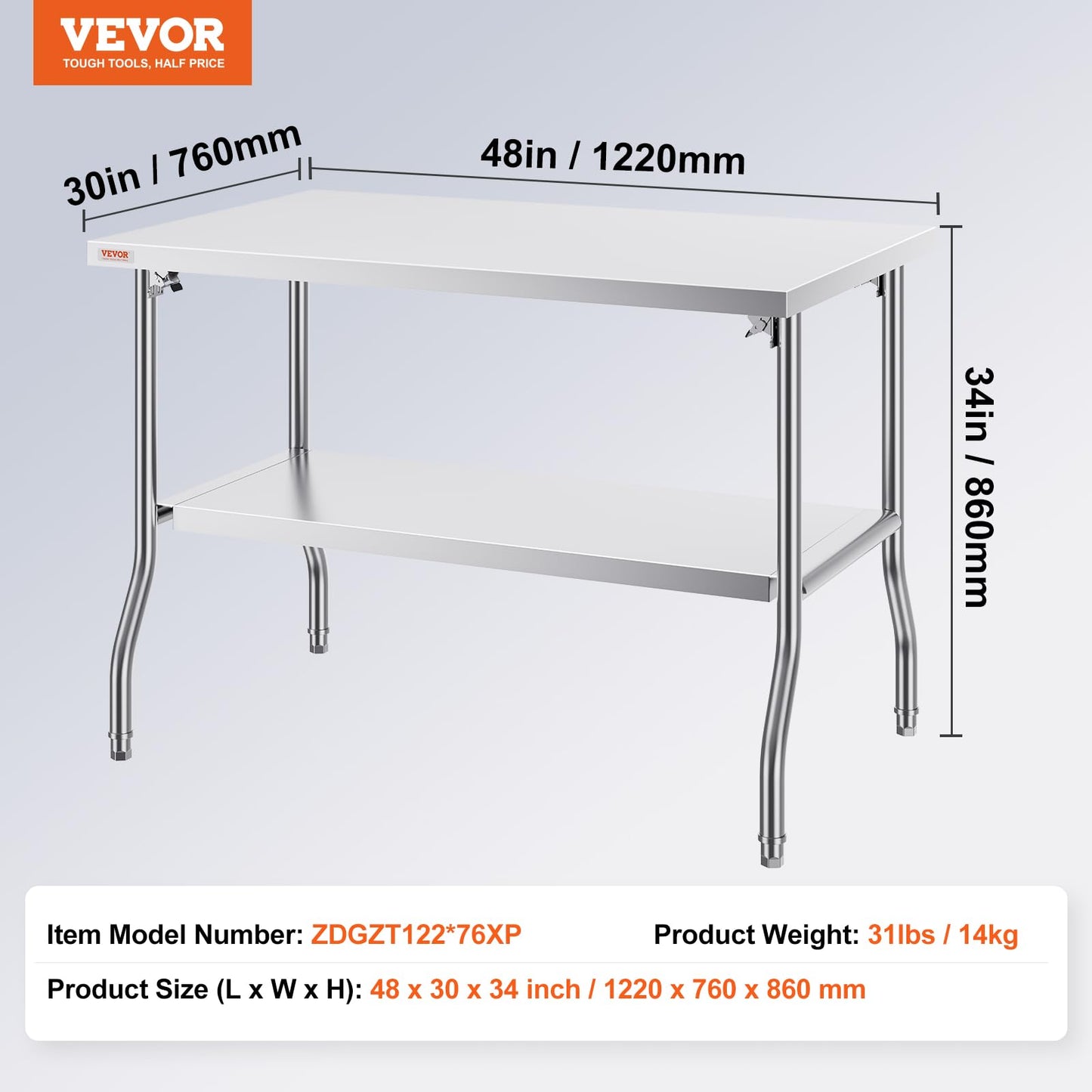 VEVOR Stainless Steel Foldable Work Table, 30 * 48 Inch Heavy Duty Food Outdoor Double Layer Stainless Steel Worktable for Commercial Kitchen Restaurant