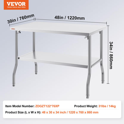 VEVOR Stainless Steel Foldable Work Table, 30 * 48 Inch Heavy Duty Food Outdoor Double Layer Stainless Steel Worktable for Commercial Kitchen Restaurant