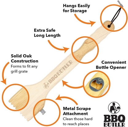Wood Grill Scraper, Food Safe Oak Barbecue Cleaner with Metal Scraping Hook and Bottle Opener