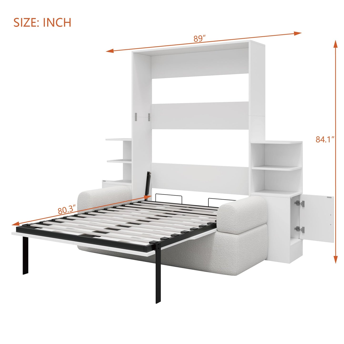 Ball & Cast Murphy Bed Full Size Murphy Beds with Sofa and Storage Cabinets,Wood Wall Hideaway w/Slat Support,can be Folded,Space-Saving,for Small Room,Dorms,White