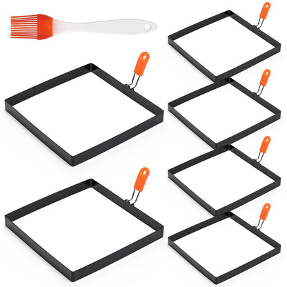 Patelai 6 Pack Square Egg Ring 4 Inch and 6 Inch Stainless Steel Frying Egg Molds Griddle Pancake Shapers with Orange Silicone Handle Oil Brush for Household Breakfast Omelette Sandwich Cooking Tool