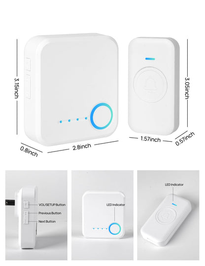 Wireless Doorbell, Waterproof Door Bell with 60 Chimes, 5 Levels Volume and LED Flash, 1000ft Long Range Classroom Doorbell for Home Office Hospital (2 Receiver & 1 Button, Black)