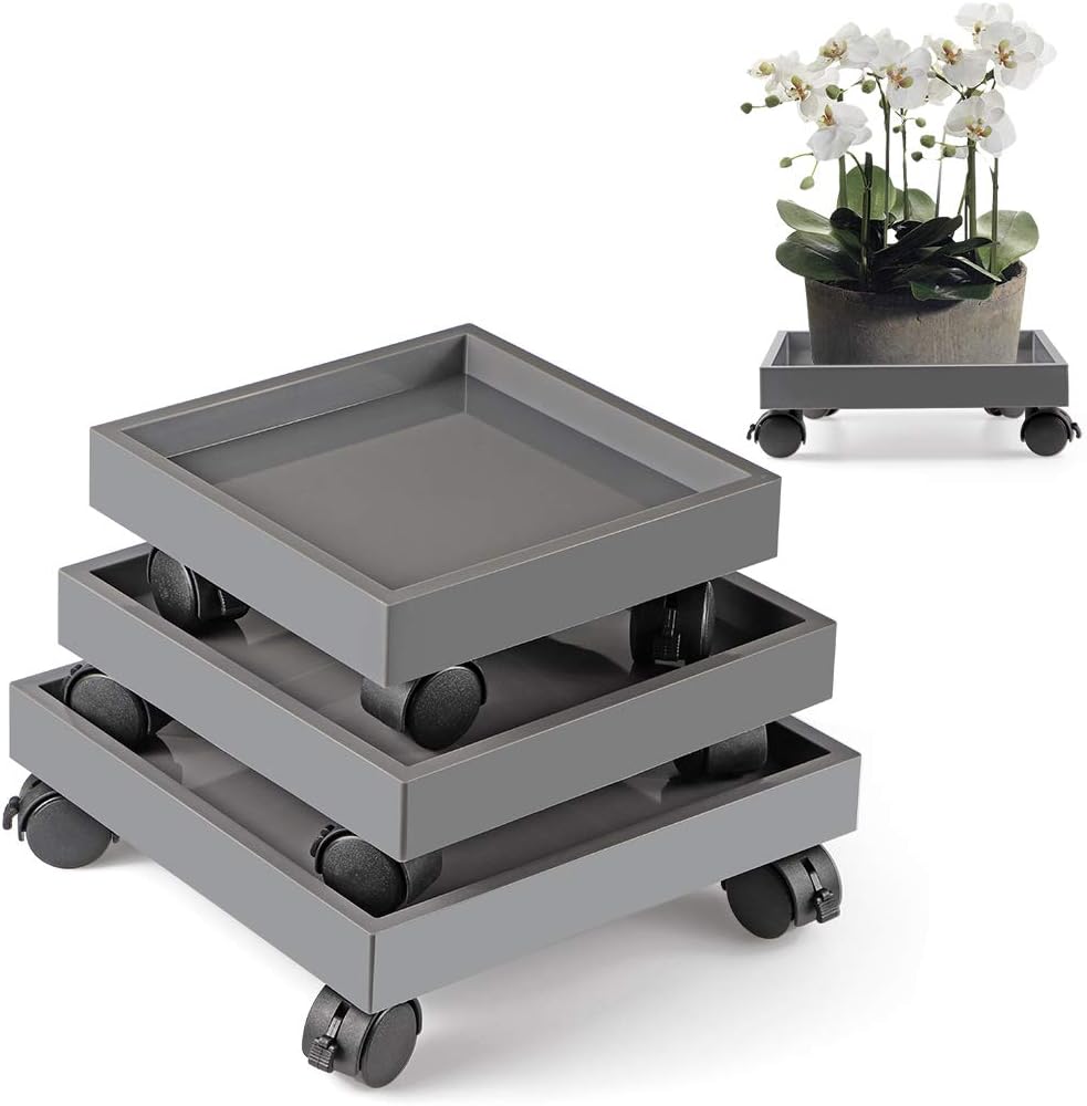 Skelang Set 3 Square Plant Caddy, Wheeled Planter Trays, ABS Plant Pallet, Heavy Duty Plants Dolly Saucer for Moving