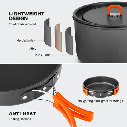 Odoland 15pcs Camping Cookware Non-Stick Lightweight Camping Pots and Pans Set with Kettle Plastic Plates Bowls Soup Spoon for Camping, Backpacking, Outdoor Cooking and Picnic (15PCS w/Kettle)