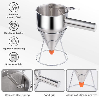20oz Pancake Batter Dispenser, Stainless Steel Funnel Cake Dispenser with 4 Silicone Nozzles, Perfect for Pancakes, Cupcakes, and Funnel Cakes