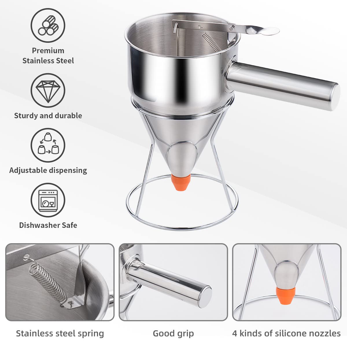 shoxil 40oz Pancake Batter Dispenser, Stainless Steel Cake Dispenser with 4 Caliber Funnel & Stand, Baking Tools for Pancakes, Cupcakes & Baked Goods