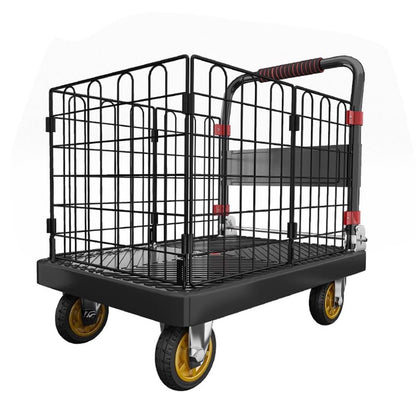 Heavy Duty Folding Platform Truck Cart with Cage and Wheels - Ideal for Warehouse Transport and Moving Heavy Loads
