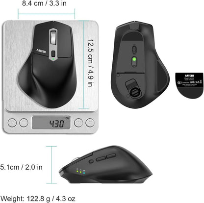 Arteck Multi-Device Wireless Bluetooth Mouse with Nano USB-A, USB-C Receiver Ergonomic Right Hand Silent Clicking Rechargeable Mouse for Computer Desktop PC Laptop Mac iPad and Windows 11/10 iPad OS