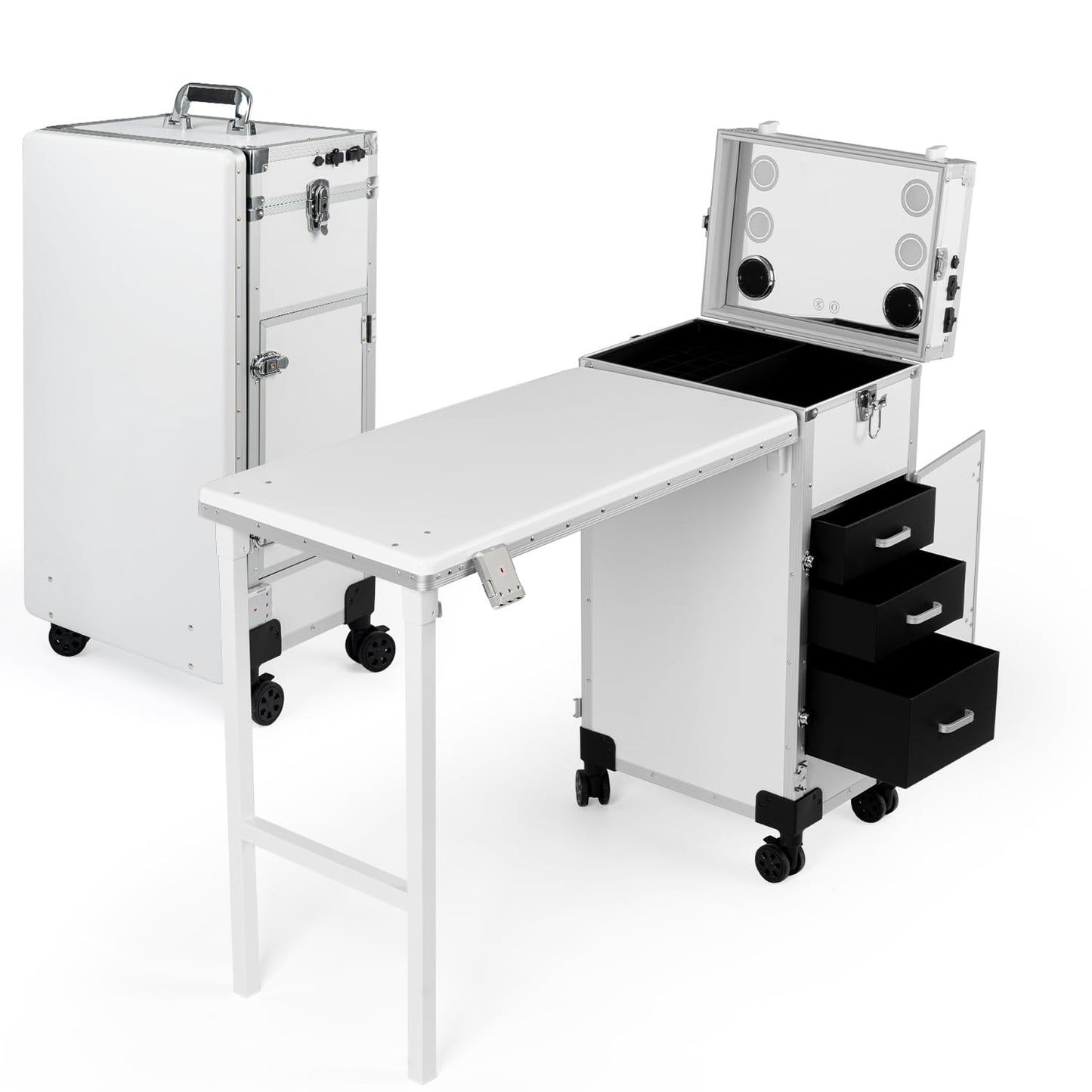 SJD LACE Rolling Manicure Table with 3 Drawers, Portable Nail Desk for Nail Tech, Foldable Nail Table Lockable Makeup Case with Mirror, Nail Polish Organizer, Mobile Nail Tech Workstation with Wheels