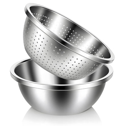 HANLANXUE 304 Stainless Steel Colander and Strainer, 5QT Large Capacity with Mixing Bowl, Micropore for Washing Rice, Vegetables, Fruit, Grain, Bean, and Draining Cooked Pasta, Dishwasher Safe