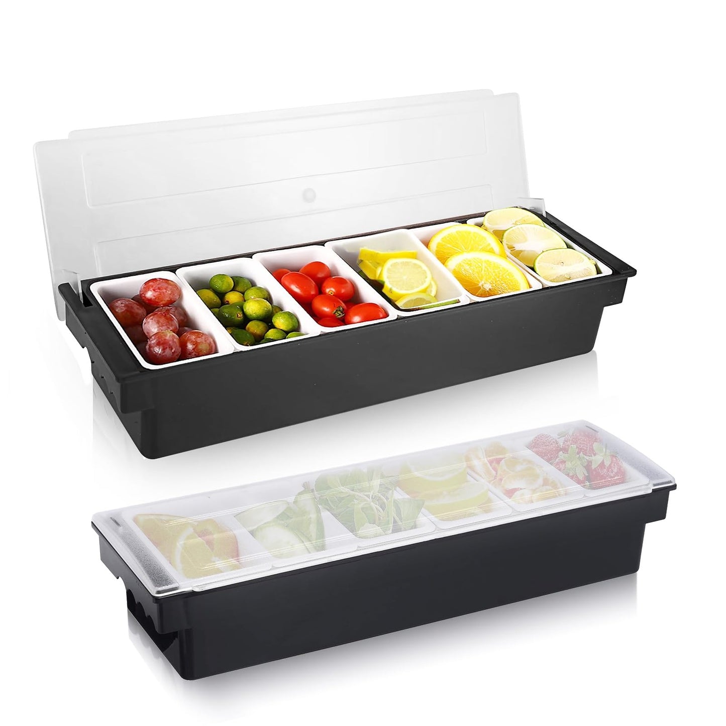 WICHEMI Fruit, Veggie & Condiment Caddy with Lid Dispenser Tray Garnish Station for Bartending & Serving Taco, Ice Cream, Salad Bar - Topping Organizer for Restaurant Supplies (6 Compartment, 2 Pack)