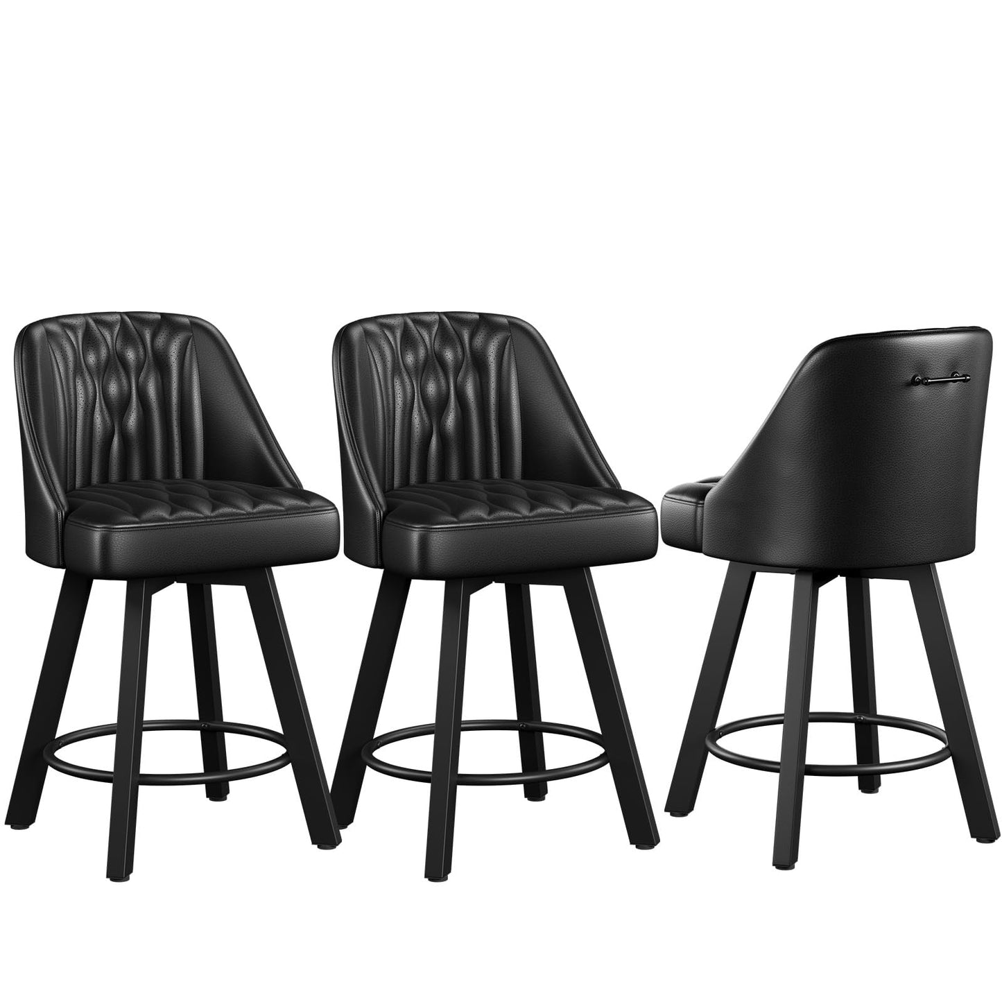 Memobarco Swivel Bar Stools with Backs, 26 Inches Counter Height Bar Stools Set of 3, PU Leather Upholstered Counter Barstools with Metal Legs and Footrest for Kitchen Island, Home Bar, Black