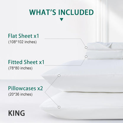 KUSNUG 100% Rayon Derived from Bamboo Sheets King Size, Organically Growth, Silky Soft & Cooling Sheet Set, 4 Piece (1 Fitted Sheet, 1 Flat Sheet and 2 Pillowcases) White Bedding Set with Deep Pocket