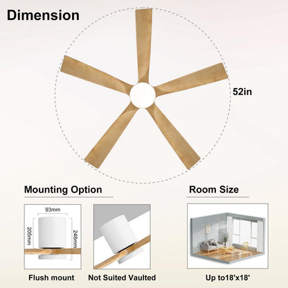 ELEHINSER 52 Inch Flush Mount Ceiling Fan with Lights, Low Profile Modern Ceiling Fan with Remote, Quiet DC Motor, 6-Speed, 3CCT,Timer, 5 Solid Wood Blades, White+Light Wood