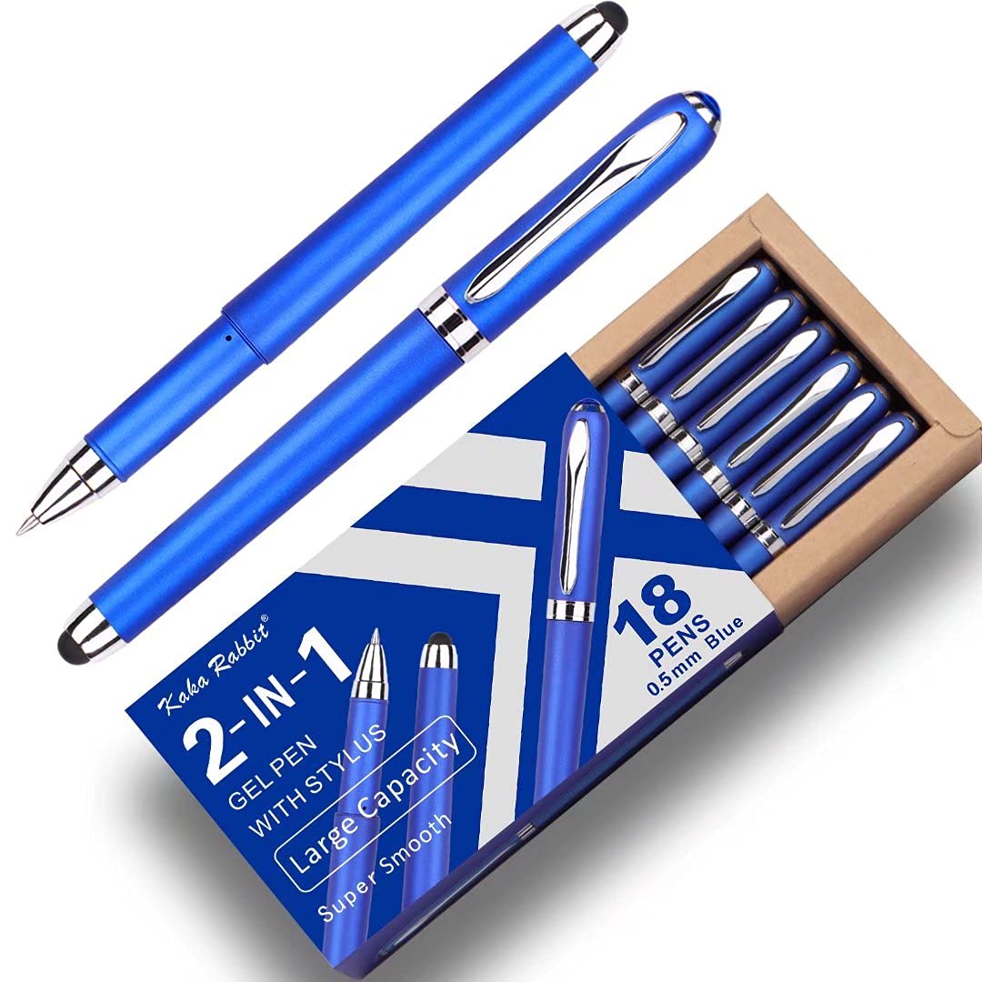 KAKA RABBIT Gel Ink Rollerball Stylus Pen - 18 Pack,0.5mm Fine Point,2 in 1 Capacitive Stylus Pen,Large Capacity Blue Ink,Writing Smoothly for Office,Business,Gift,Metal Silver Clip