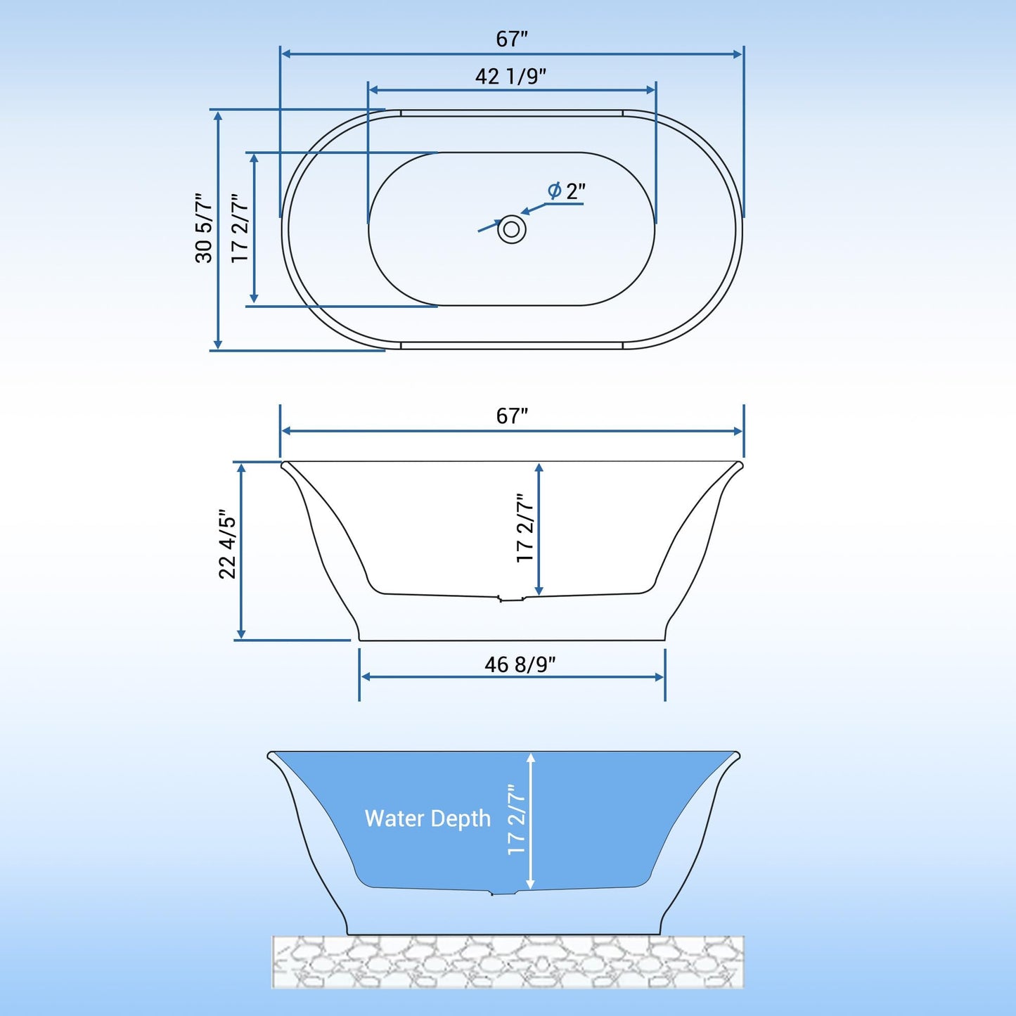 67" Free Standing Tub, Acrylic Soaking Bathtub, Stand Alone Freestanding Tub with Matte Sliver Drain and Overflow, Contemporary Bathtub for Bathroom, Flora