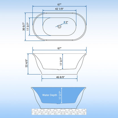 67" Free Standing Tub, Acrylic Soaking Bathtub, Stand Alone Freestanding Tub with Matte Sliver Drain and Overflow, Contemporary Bathtub for Bathroom, Flora