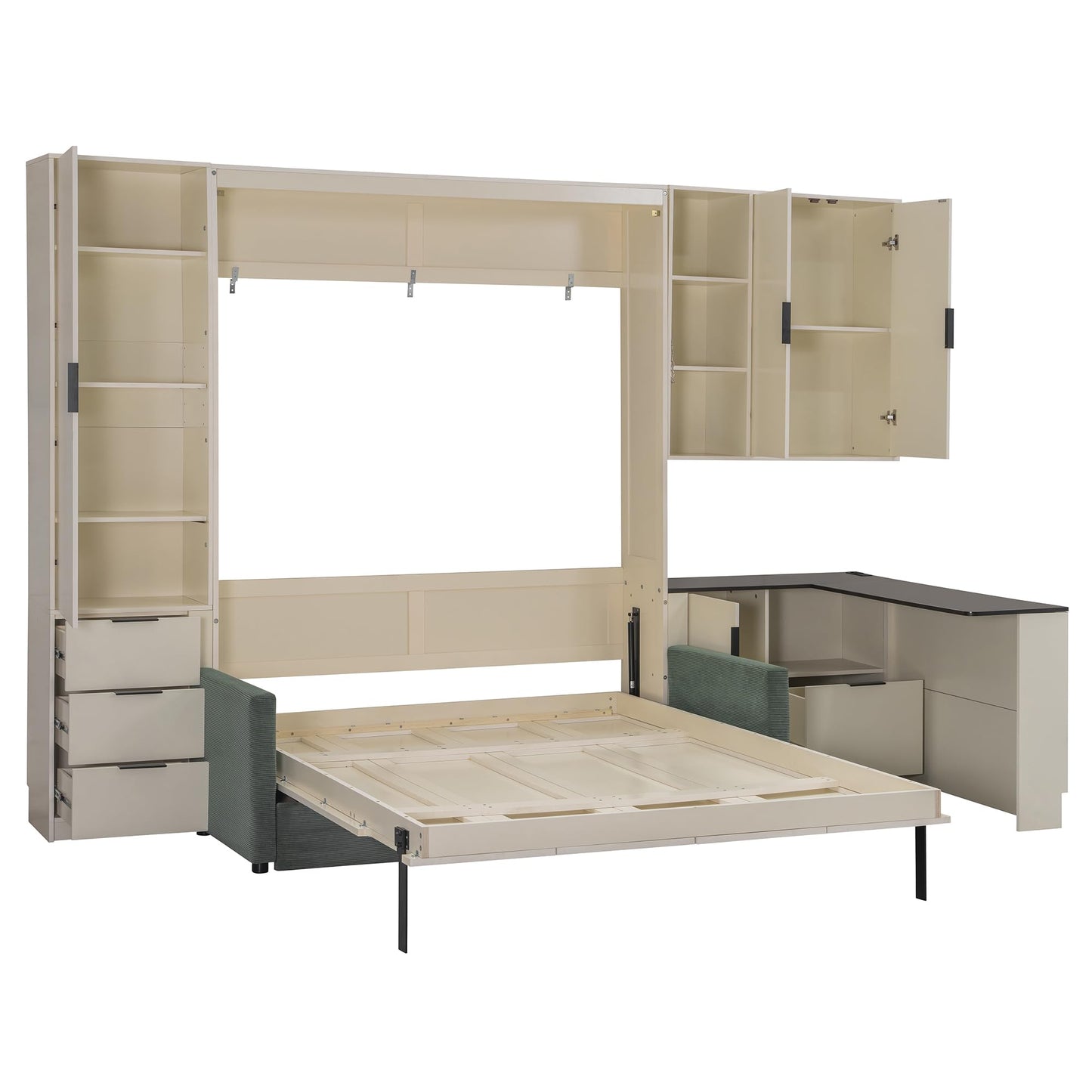 Merax Farmhouse Multi-Functional Murphy Bed with Sofa, Desk & Storage Cabinet,Solid Wood Foldable Wall Bed with/w/USB Charging Station Space Saving/No Box Spring Needed/Queen, Beige + Green