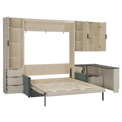 Merax Farmhouse Multi-Functional Murphy Bed with Sofa, Desk & Storage Cabinet,Solid Wood Foldable Wall Bed with/w/USB Charging Station Space Saving/No Box Spring Needed/Queen, Beige + Green