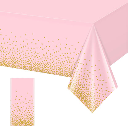 1 Pack 54x108" Pink and Gold Plastic Tablecloth for Parties, Pink Disposable Table Cloth for Rectangle Tables, Gold