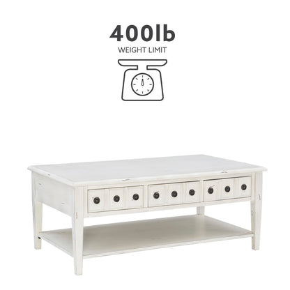 Powell Kelly Cream Coffee Table with Three Pull Thru Drawers and Open Shelf