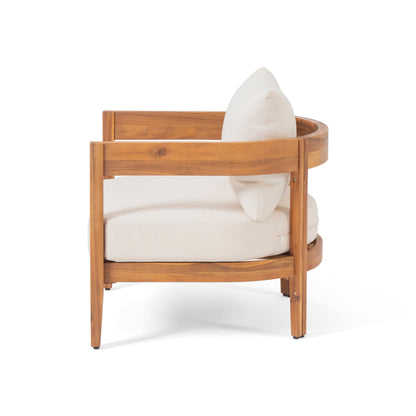 Christopher Knight Home Nadine Outdoor Accent Chair, Acacia Wood Club Chair, Tub Shape Design Armchair, Comfort Cushions Seating, Slat Open Back Reading Sofa for Balcony Backyard Garden, Teak+Beige