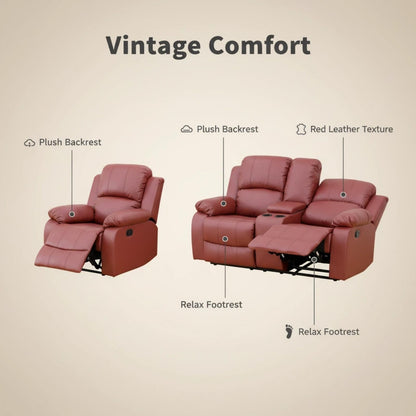 Trygoal Leather Recliner Sofa Set, Living Room Furniture Set, Adjustable Backrest Reclining Loveseat Sofa with Storage Console & Cup Holders, Manual Recliner Chair for House, Home Theater, Red