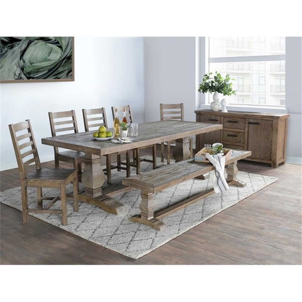 Trent Home 83" Transitional Reclaimed Pine Wood Bench, Weathered Brown Finish, FSC Certified, Hand-Carved Pedestal Base, Rustic Seating for Kitchen, Dining Room or Entryway