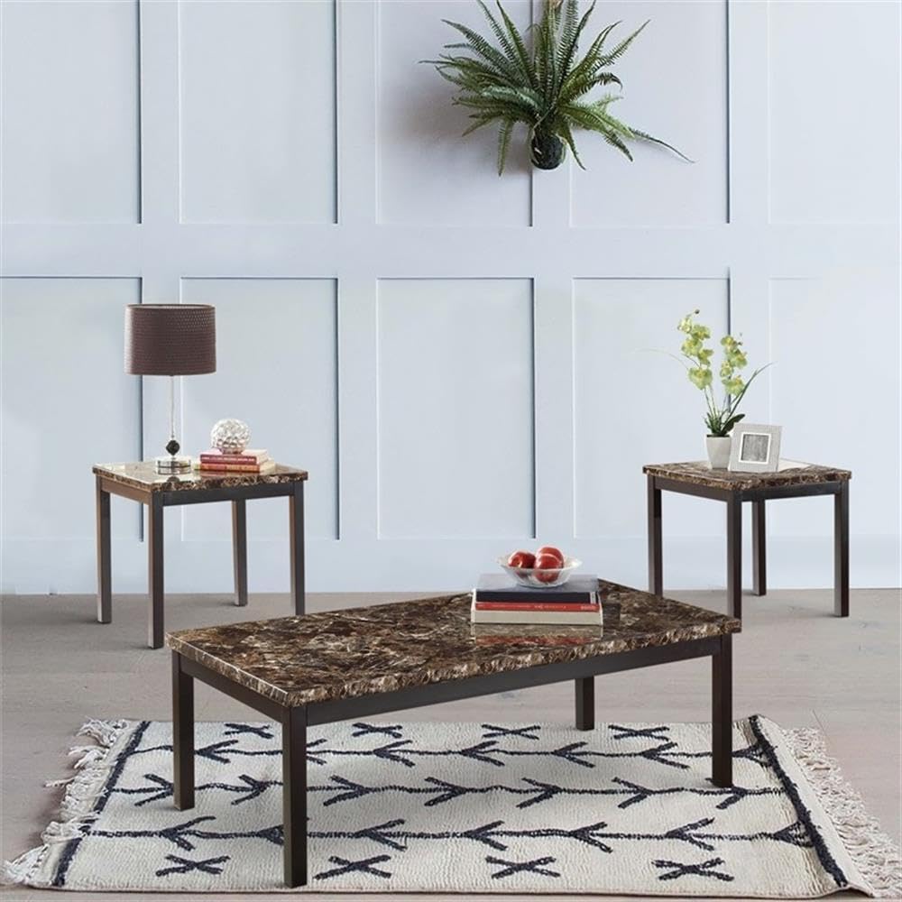 Lexicon Tempe 3-Piece Faux Marble Coffee Table Set, Brown Marble Look Top with Black Metal Frame, Modern Living Room Set with 1 Cocktail Table & 2 End Tables