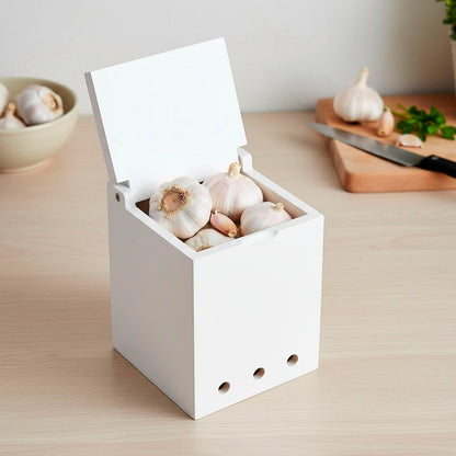 Mowhut Garlic Keeper for Countertop, Wooden Storage Box with Solid Wood Cover, Ventilation Holes, White Holder Container for Kitchen Pantry, Ginger and Shallots