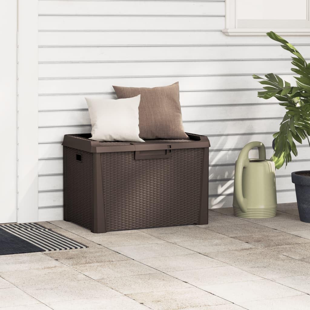 Kalmrek Patio Storage Box Brown 33 gal Polypropylene Resin Wicker Garden Deck Porch Outdoor Storage Chest Bench with Lockable Lid and Gas-Lift Mechanism for Cushion Pillow Tool Organization