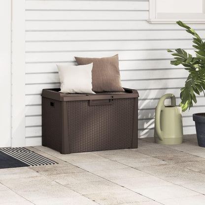 Kalmrek Patio Storage Box Brown 33 gal Polypropylene Resin Wicker Garden Deck Porch Outdoor Storage Chest Bench with Lockable Lid and Gas-Lift Mechanism for Cushion Pillow Tool Organization