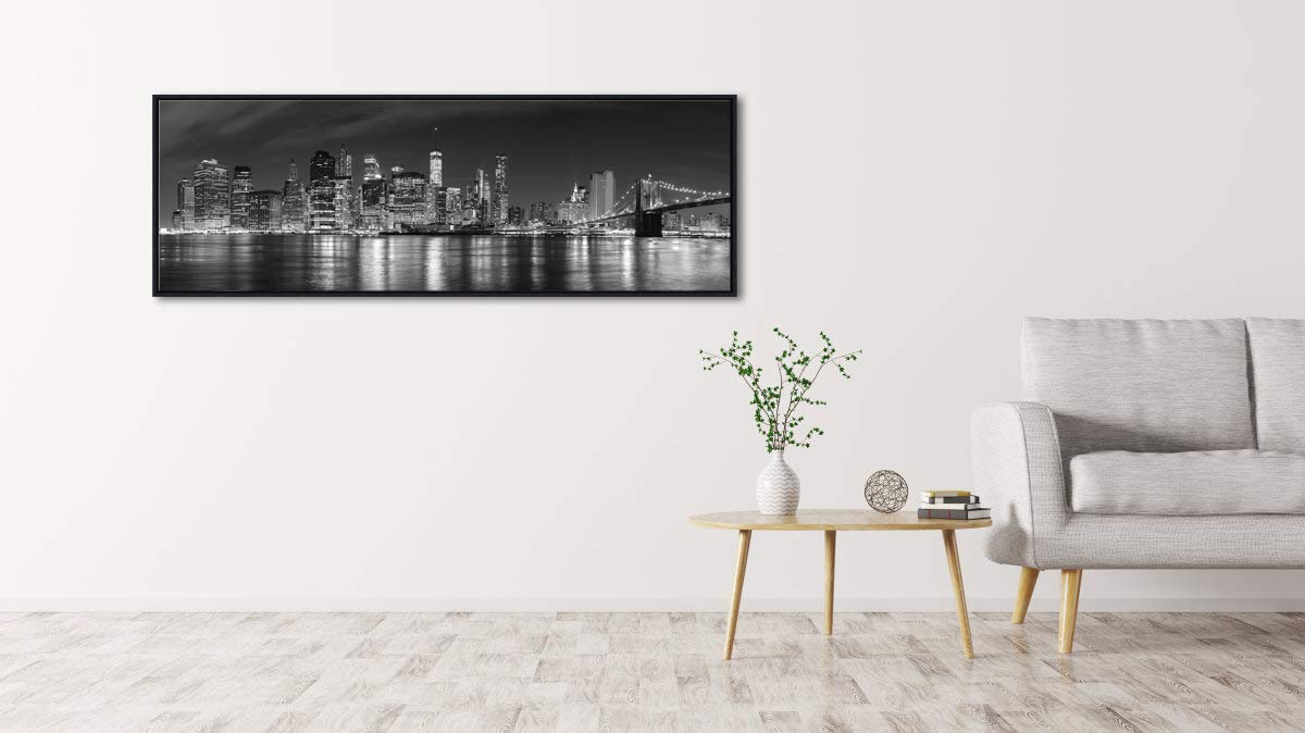 Wieco Art New York Manhattan Night View in Black and White Giclee Canvas Prints Modern Stretched and Framed Art work Cityscape Pictures Paintings on Canvas Wall Art for Bedroom Home Decorations