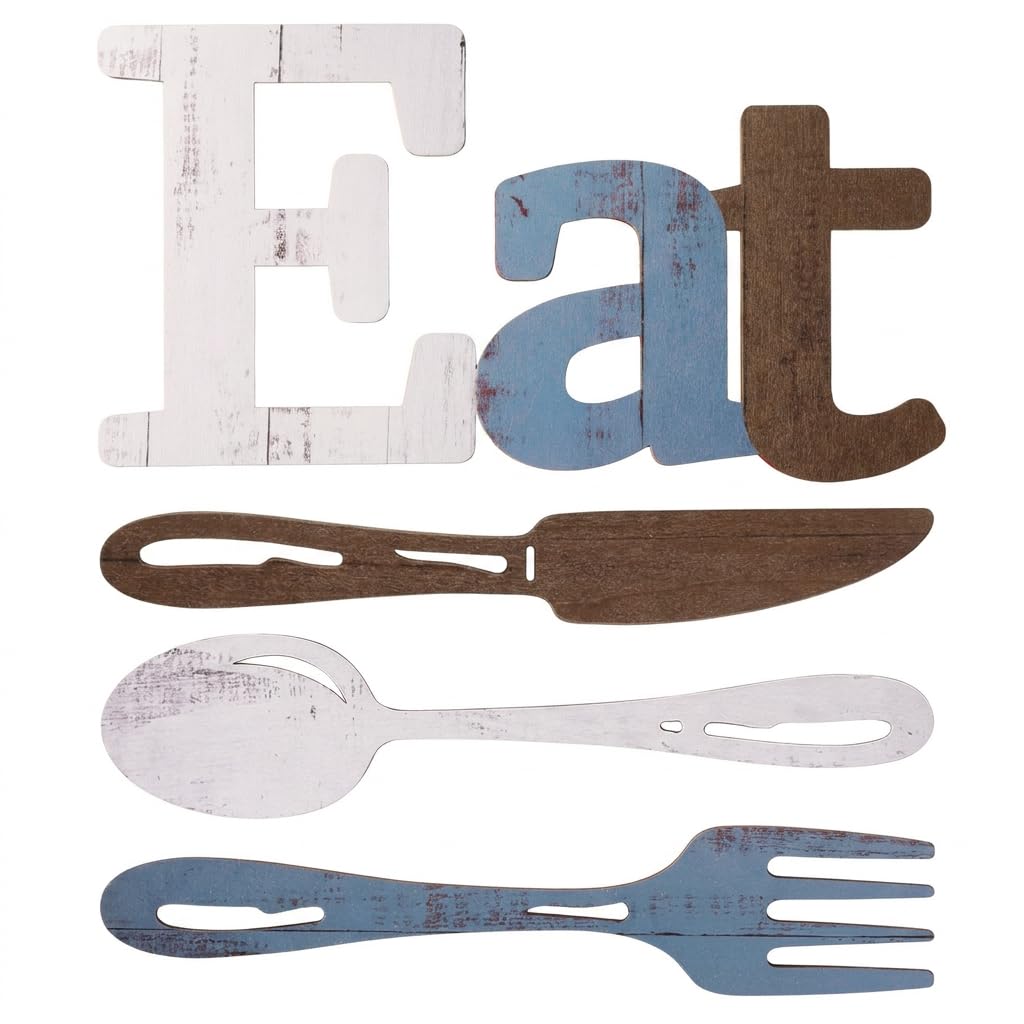 Benlarky Wooden Eat Sign for Kitchen Wall Decor, 4 Pcs Rustic Farmhouse Wall Art with Detailed Spoon Knife Fork, Large Wood Letters Decor for Dining Room, Home Restaurant Kitchen Decor Housewarming Gift